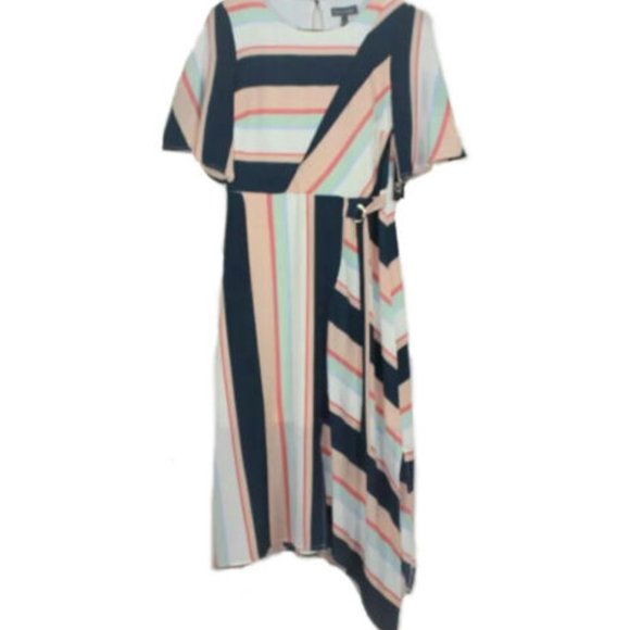 Luxology Asymetrical Striped Midi Dress Navy Peach - Picture 1 of 8